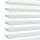 Layered horizontal zebra blind with alternating pale aqua translucent and opaque white fabric stripes, hanging lowered; filtering daylight and softly diffusing light in a bright, minimal indoor setting.