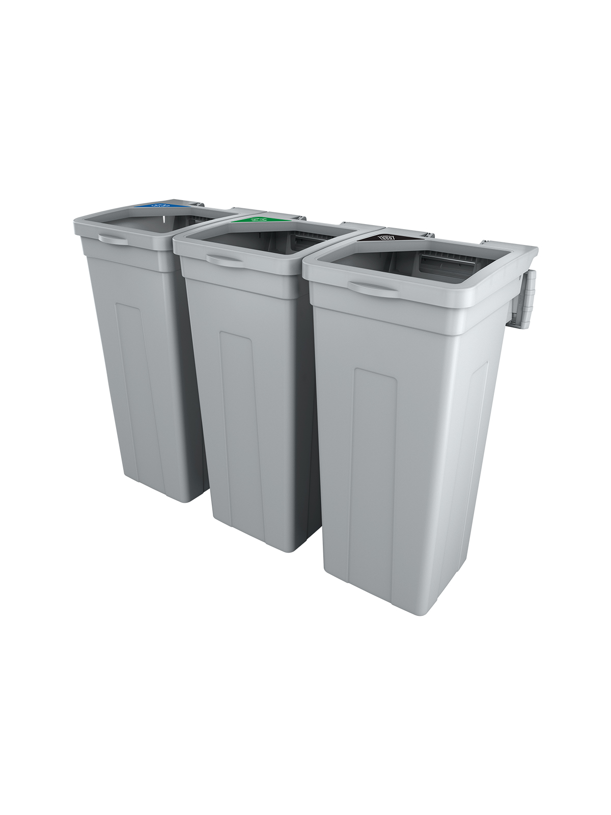Busch Systems Rise Series Grey triple body with lid sign frame and mixed recycling organics and waste labels