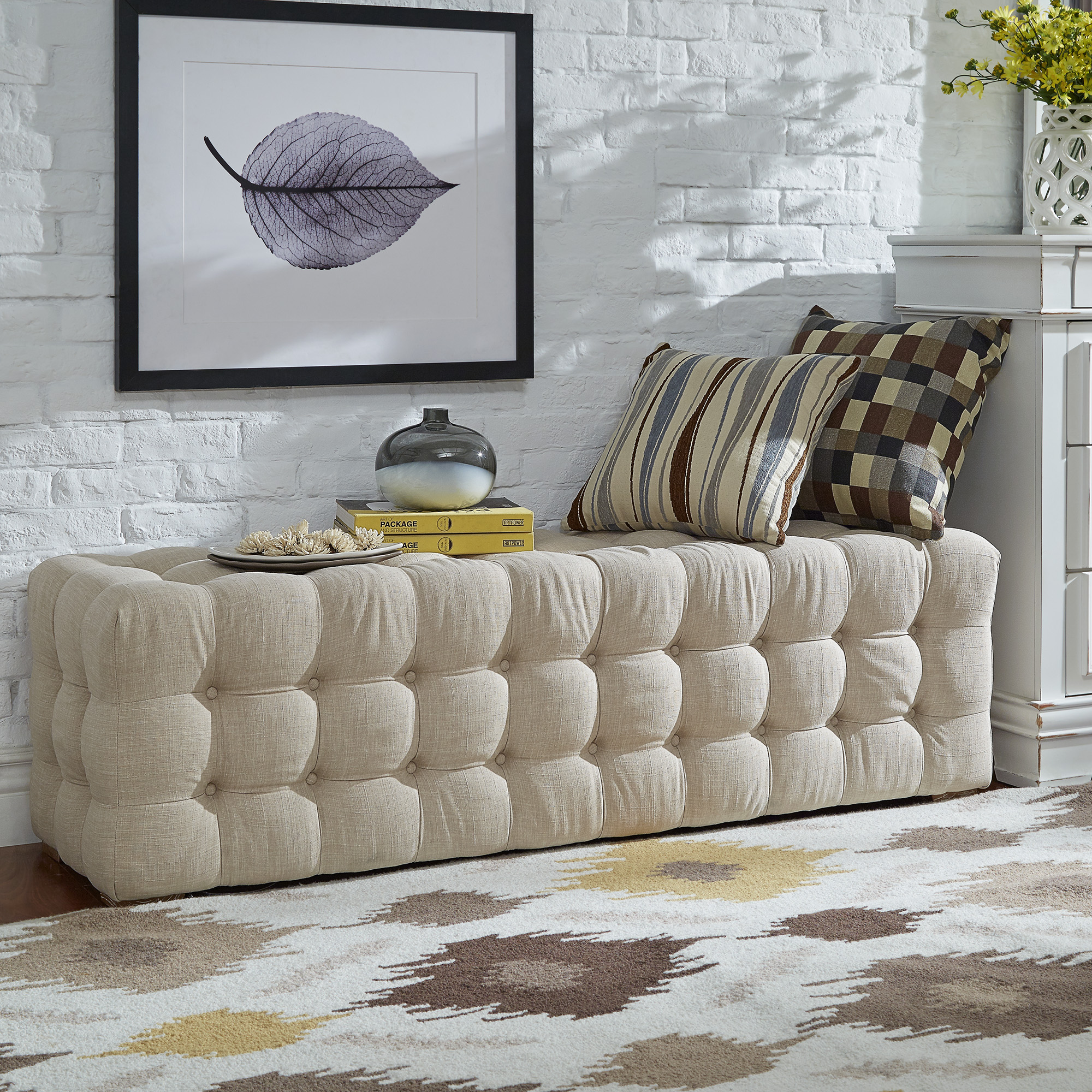 Linen Fabric Tufted Bench