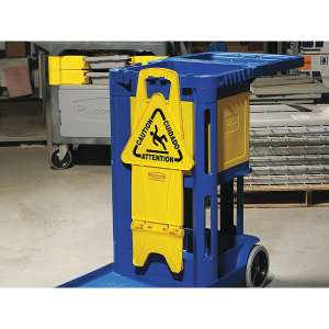 Rubbermaid Commercial, Multilingual "Caution" Stable, Floor Sign, Yellow, 26"
