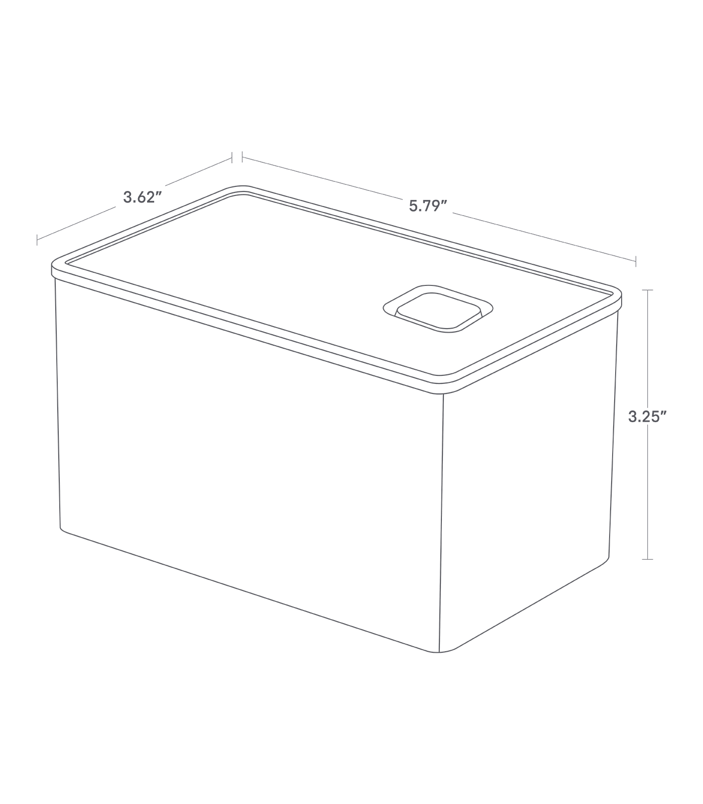Dimension image for Vacuum-Sealing Butter Dishon a white background showinglength of 5.79 inches, width of 3.62 inches, height of 3.25 inches