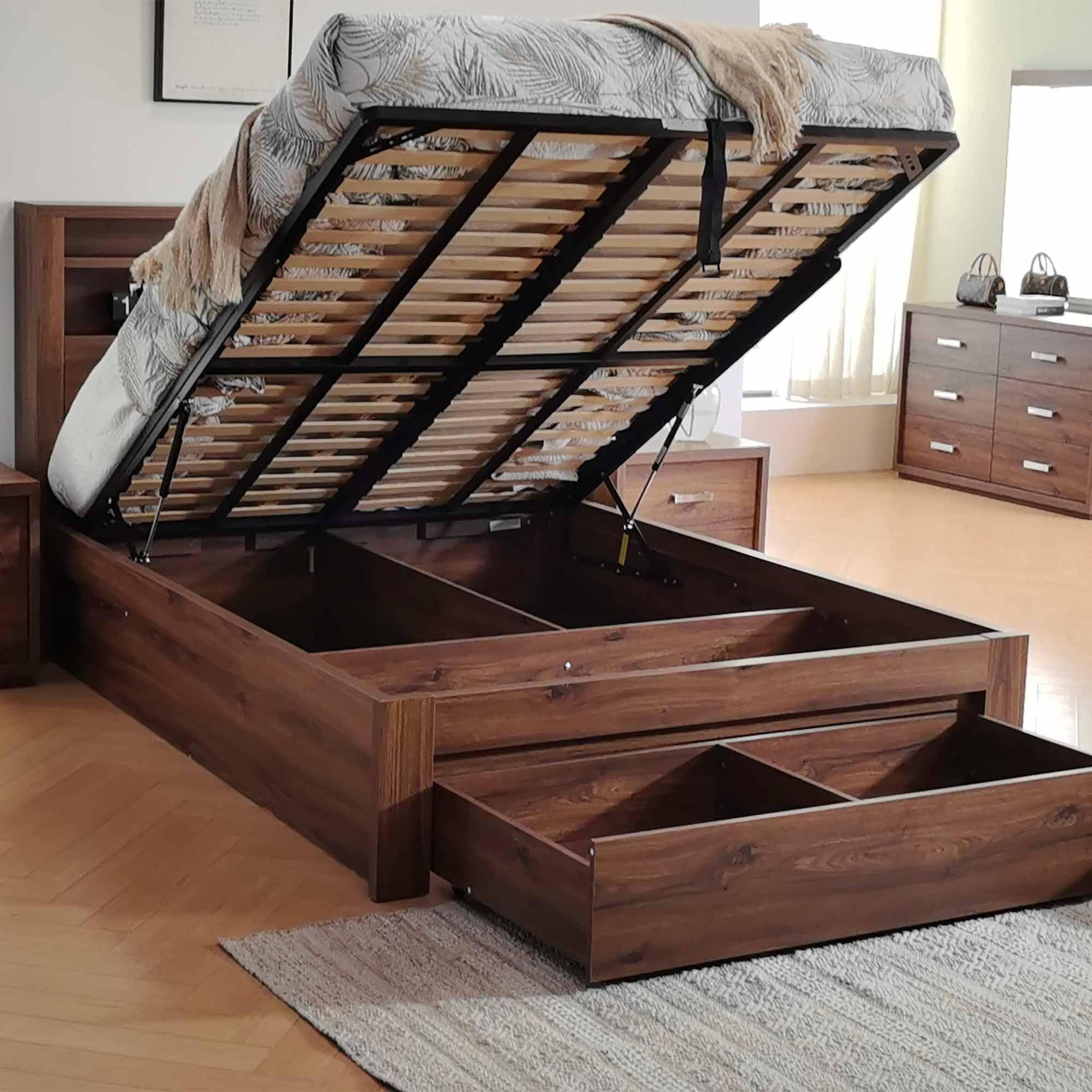 Lifestyle image of the  Bellevue Bed Frame, Front Slat Gas Lift & End Drawer Base, Rustic Walnut from Forty Winks