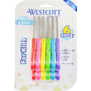 For Kids Scissors, Rounded Tip, 5 in Long, 1.75 in Cut Length, Straight Assorted Color Handles, 6/Pack