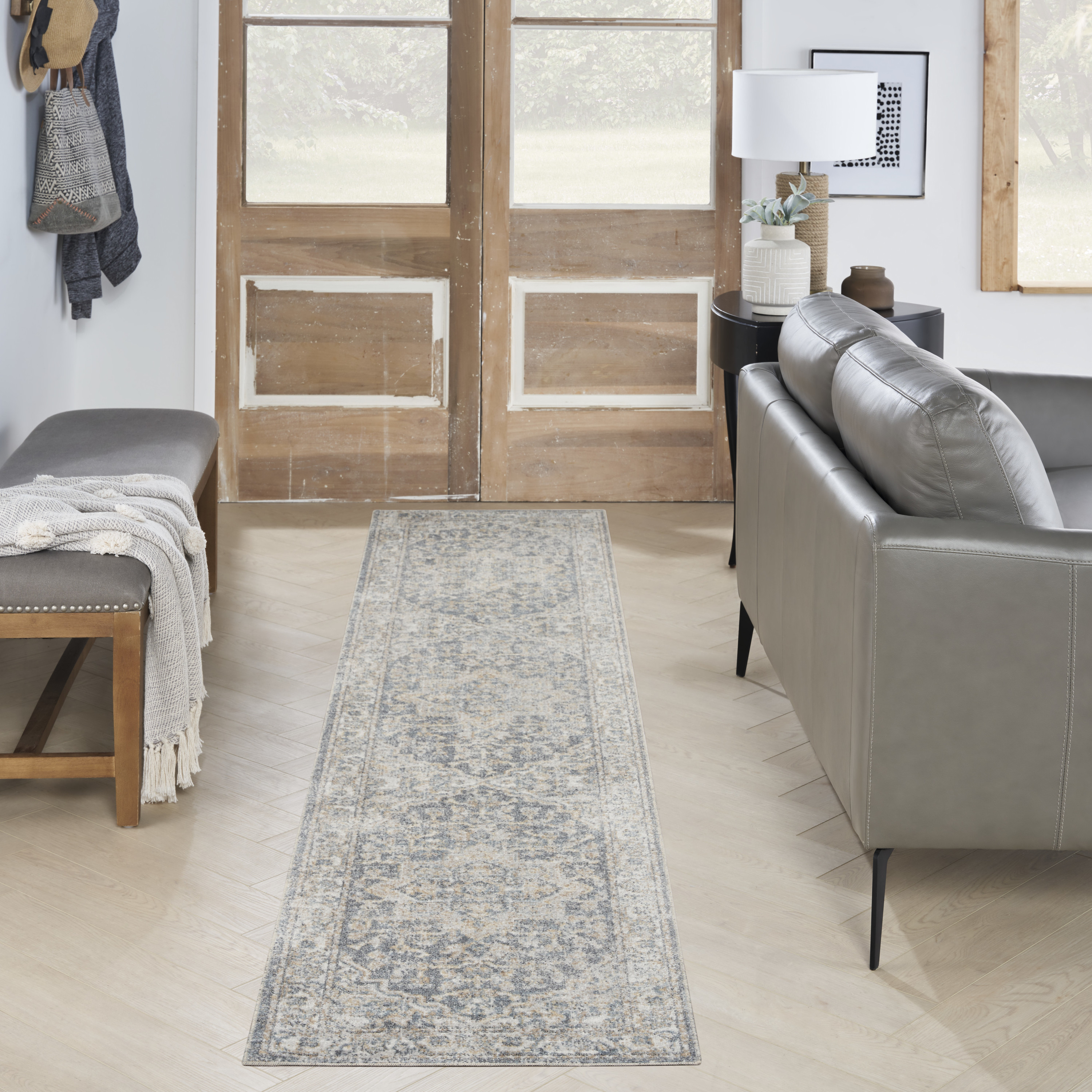 Nourison Astra Machine Washable 2'2" x 12' Grey Blue Vintage Indoor Rug