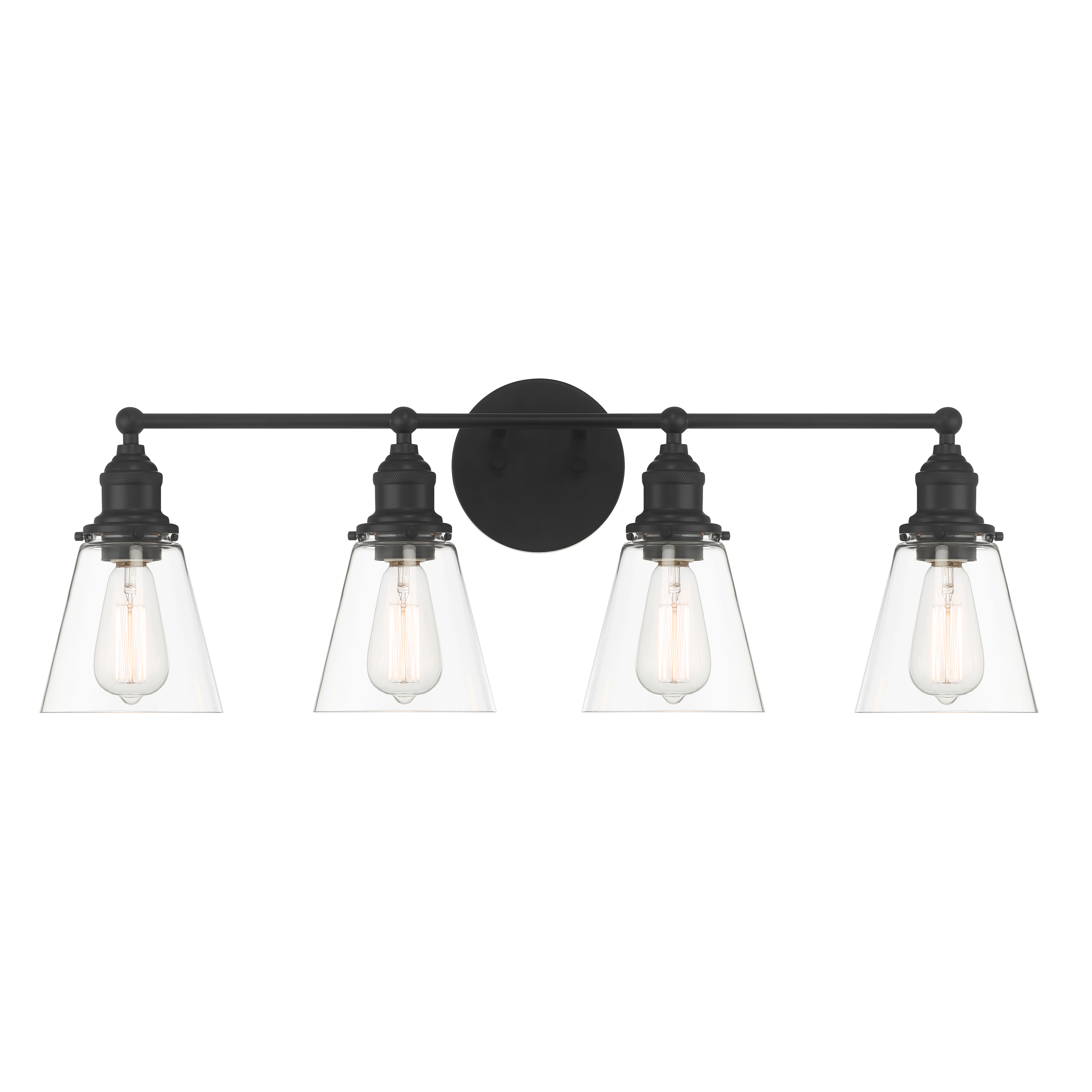The Barwell 4-Light Vanity combines traditional styling with a striking coal black finish. At 33 inches wide, it's ideal for double vanities and master bathrooms, offering ample illumination with four ST58 bulbs behind clear glass shades. - alternate view