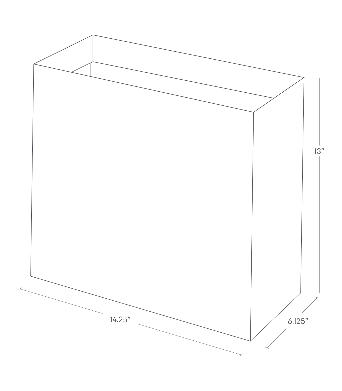 Dimension image for Trash Can showing length of 14.25 inches, width of 6.125 inches and height of 13 inches