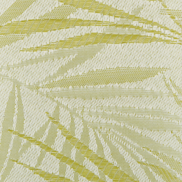 Woven textile with olive-green palm-leaf jacquard pattern; featuring overlapping raised leaf motifs; close-up view with even lighting, emphasizing the textured, tightly woven surface.