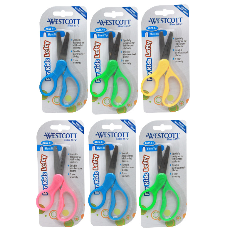 5" Lefty Hard Handle Kids Scissors, Blunt, Assorted Colors, Pack of 6