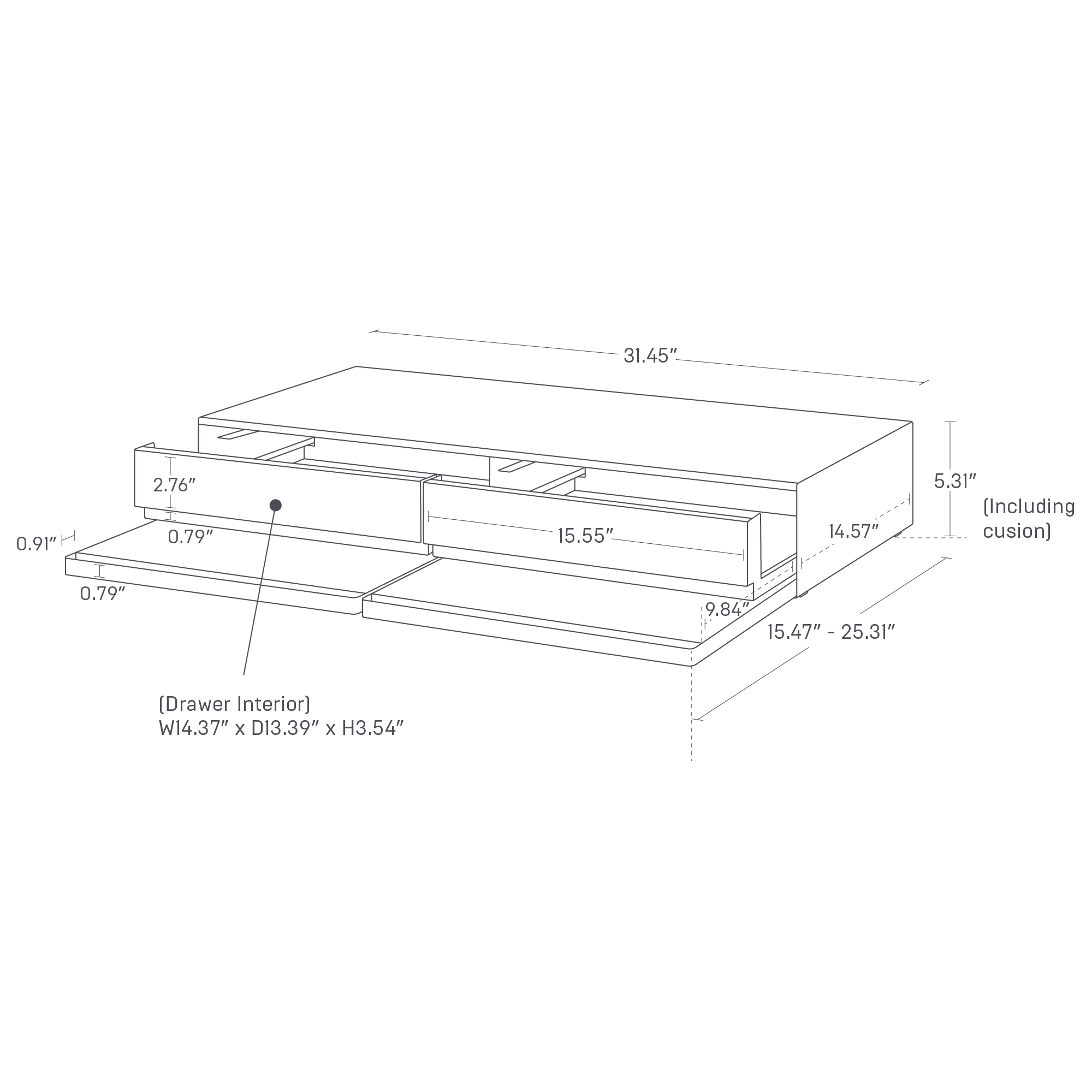 Detailed dimensions image featuring the dimensions L 25.31 x W 31.5 x H 5.31 inches
