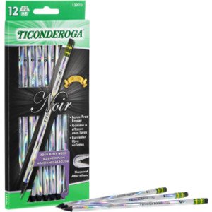 Noir Pencils, Holographic Foil on Black Wood, #2 Soft, Presharpened, Pack of 12