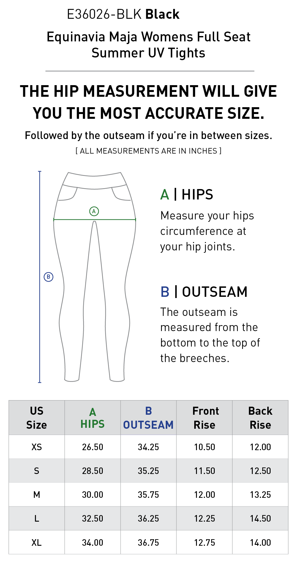 Size chart for Equinavia Maja Womens Full Seat Summer UV Tights - Black