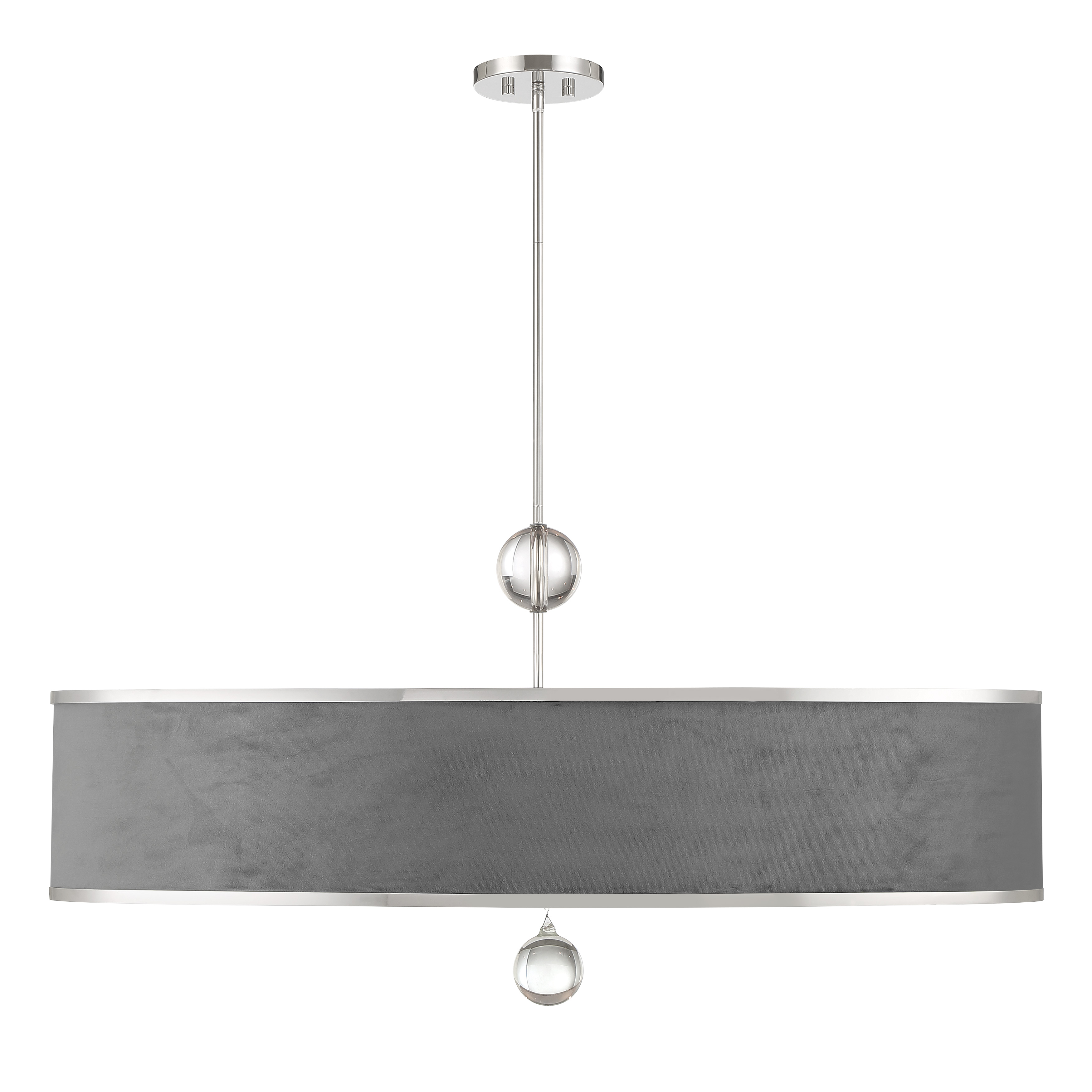 The Luxour 6-Light Island Chandelier combines polished nickel hardware with elegant steel grey velvet shades and decorative glass orbs. Its 44-inch linear design provides excellent task lighting while adding refined style to kitchens and dining spaces. - alternate view