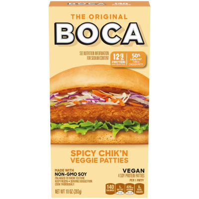 BOCA Spicy Vegan Chik'n Veggie Patties with Non-GMO Soy, 4 ct Box