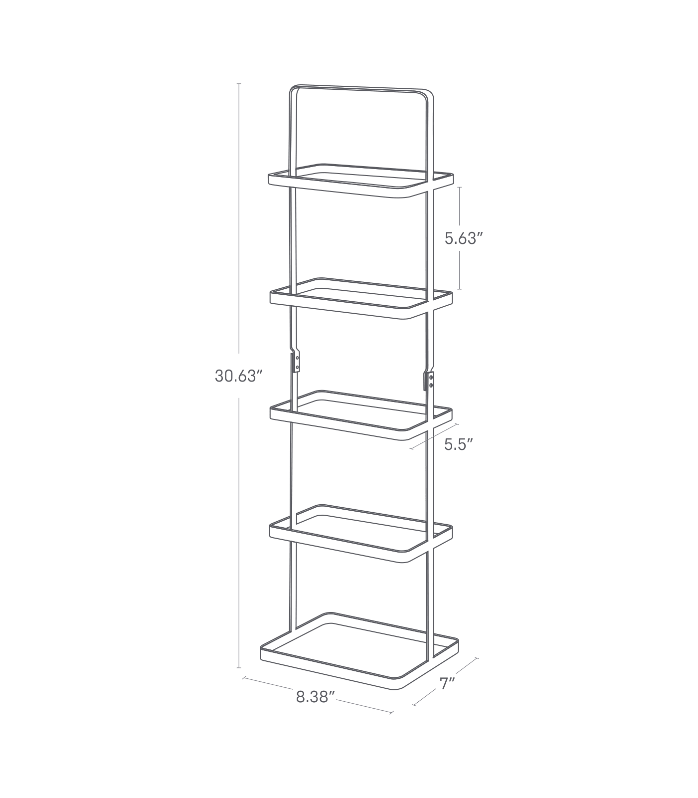 Dimension image for Shoe Rack showing length of 8.38 inches, width of 7 inches and height of 30.63 inches