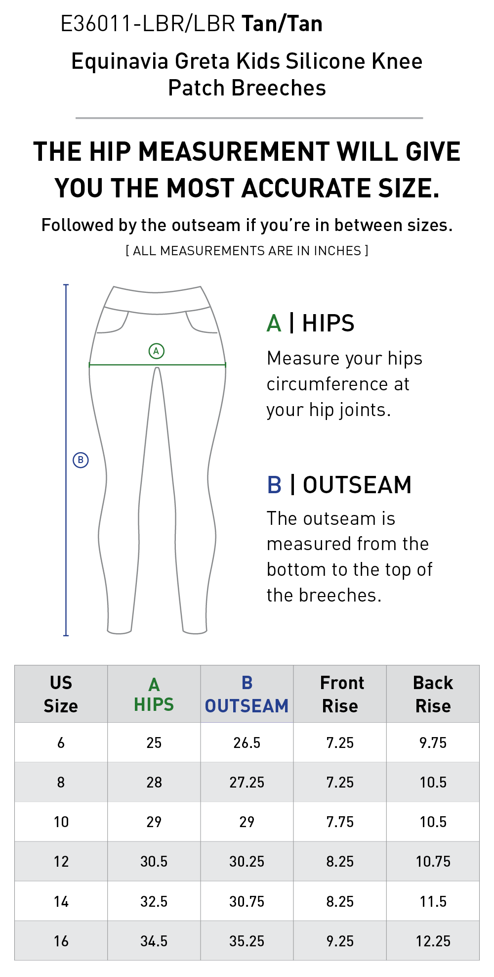 Size chart for Equinavia Greta Kids Silicone Knee Patch Breeches - Tan/Tan