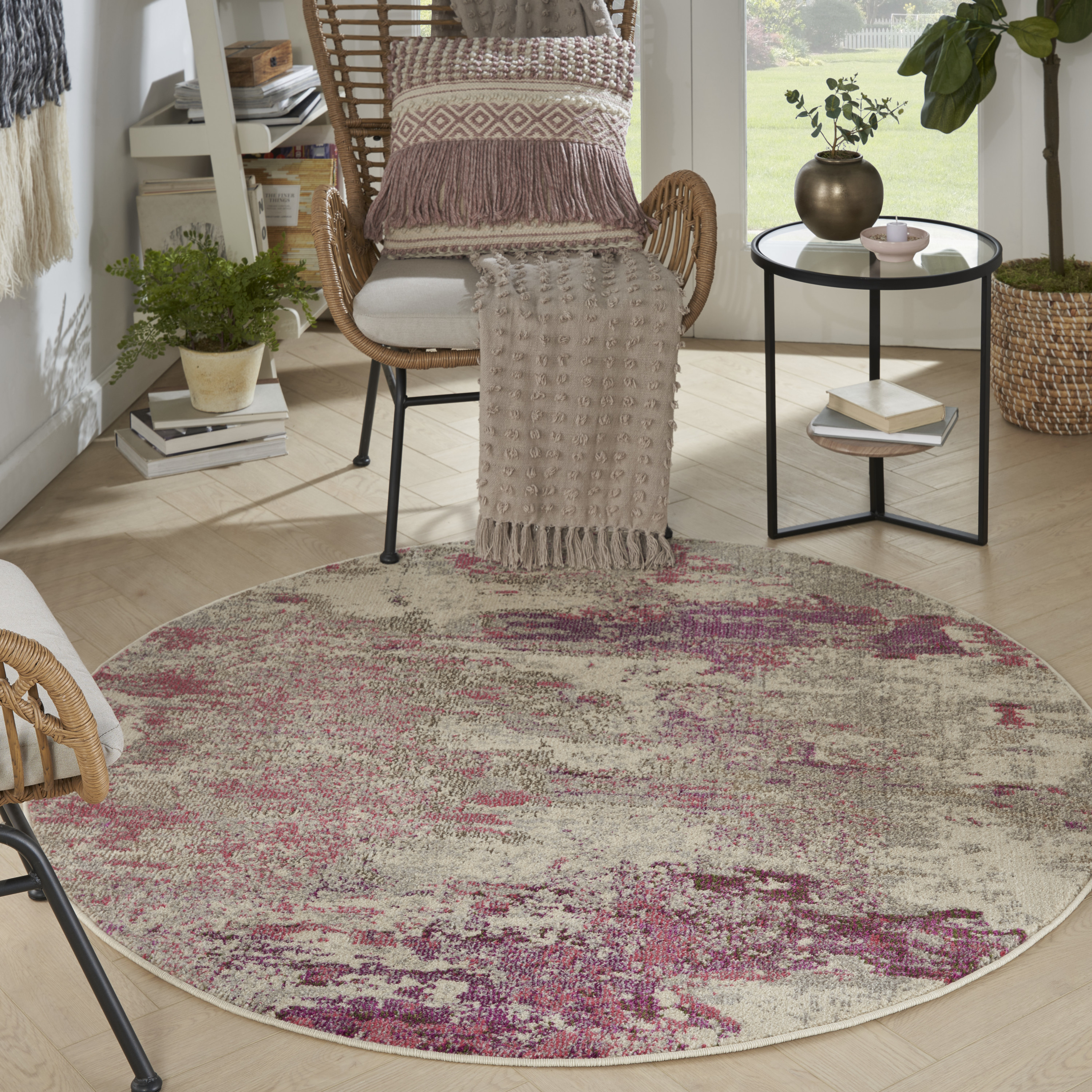 Nourison Celestial 5'3" x Round Ivory Pink Modern Indoor Rug