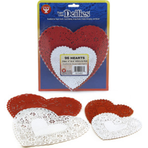 Doilies, White & Red Hearts, 4" & 6", Pack of 96