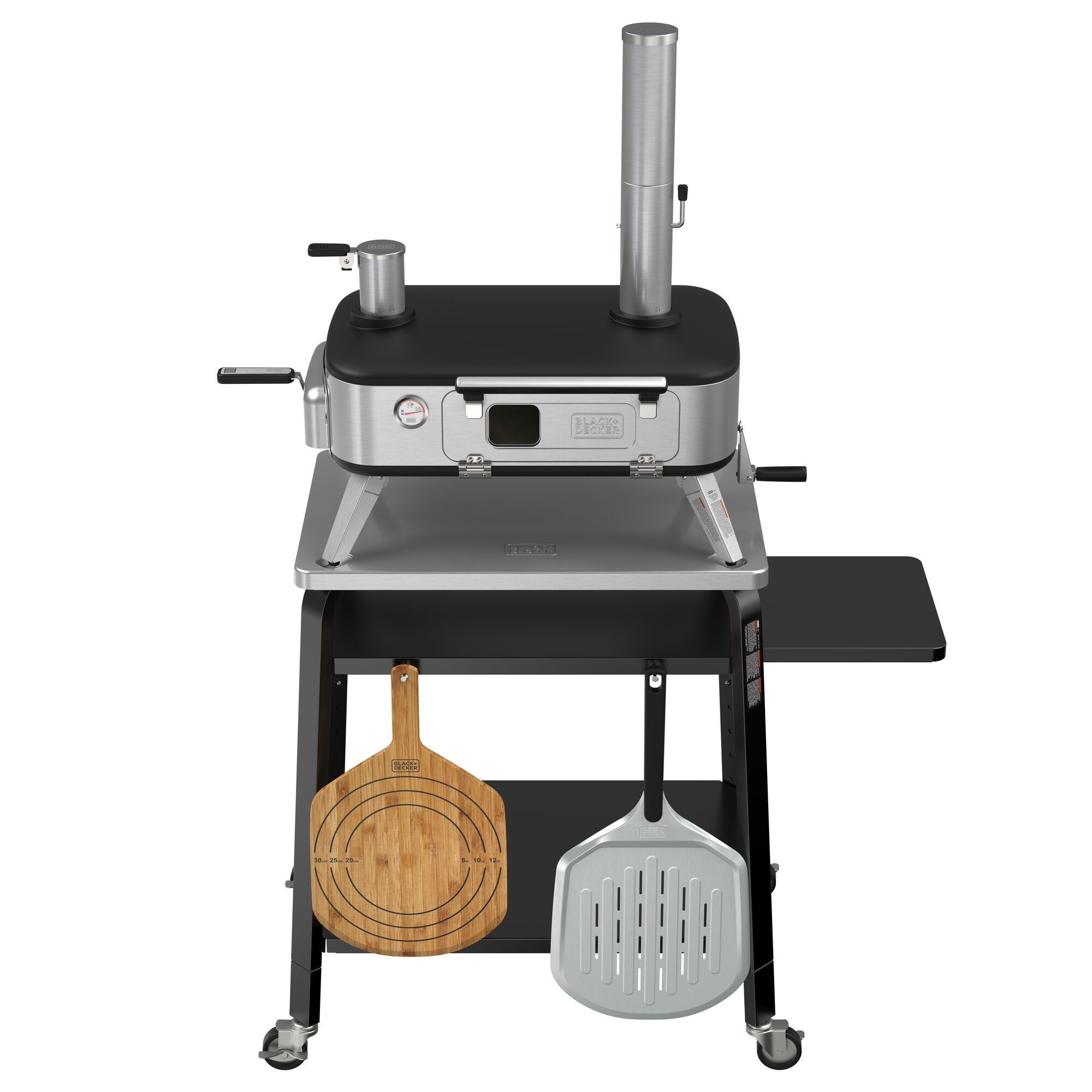 Vera ™ Pizza Oven sitting on the BLACK+DECKER pizza stand at an angle
