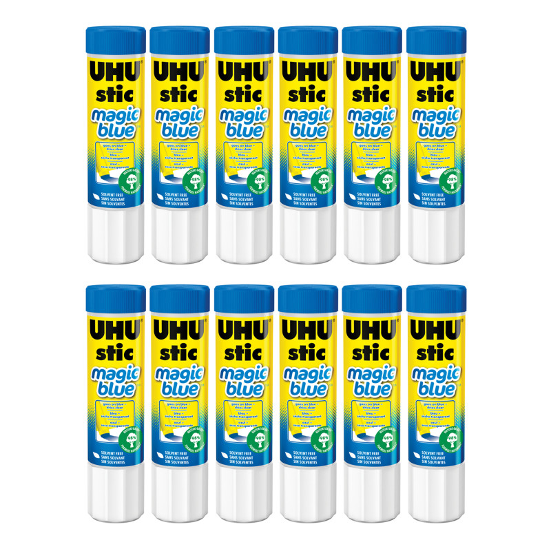 UHU Stic Magic Blue Glue Stick, Dries Clear, 21 g, Pack of 12
