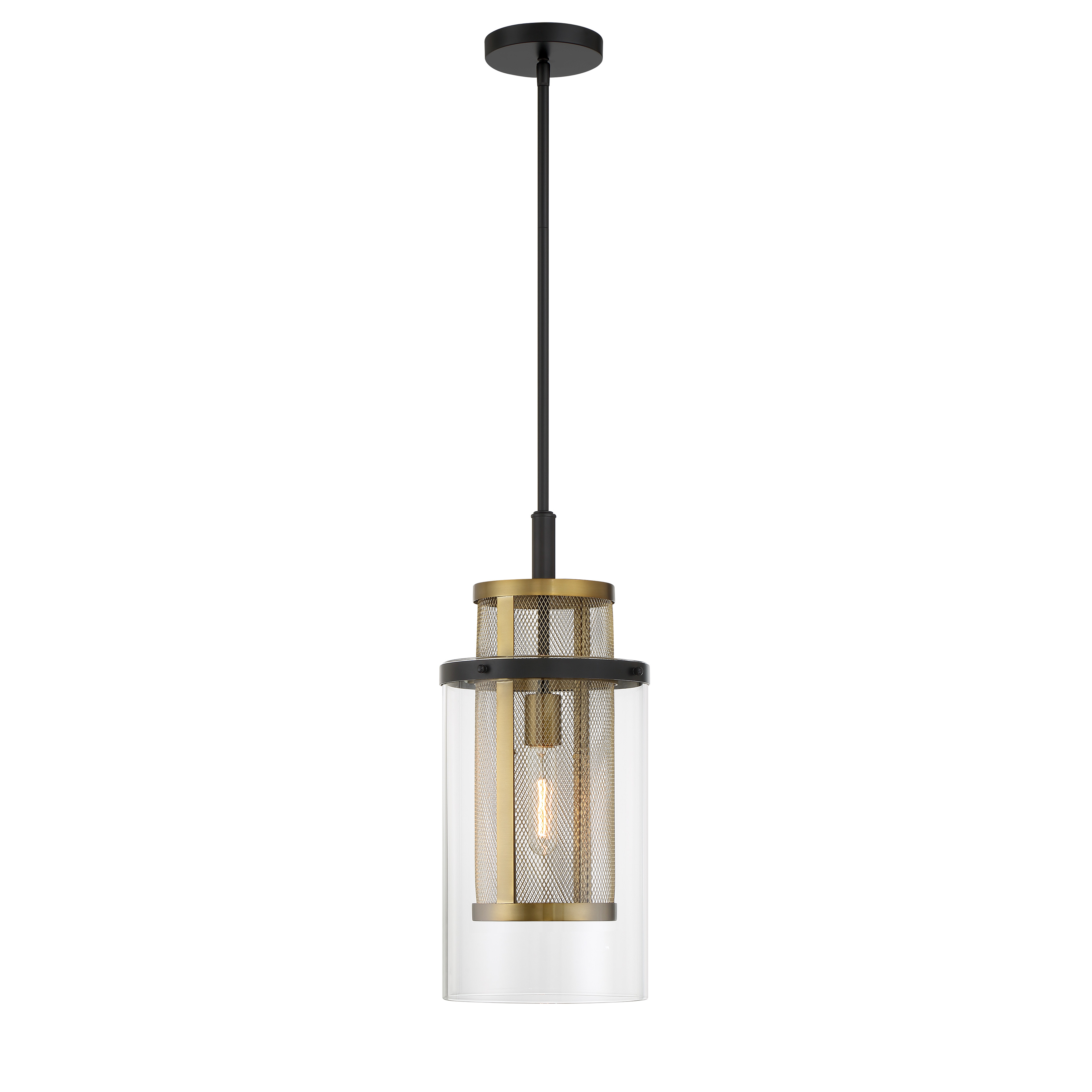 Robin Baron's SoHo pendant blends industrial wire mesh with refined brass accents, creating a sophisticated fixture perfect for modern kitchens and dining spaces. The coal and soft brass finish combination adds warmth while maintaining an urban edge. - alternate view