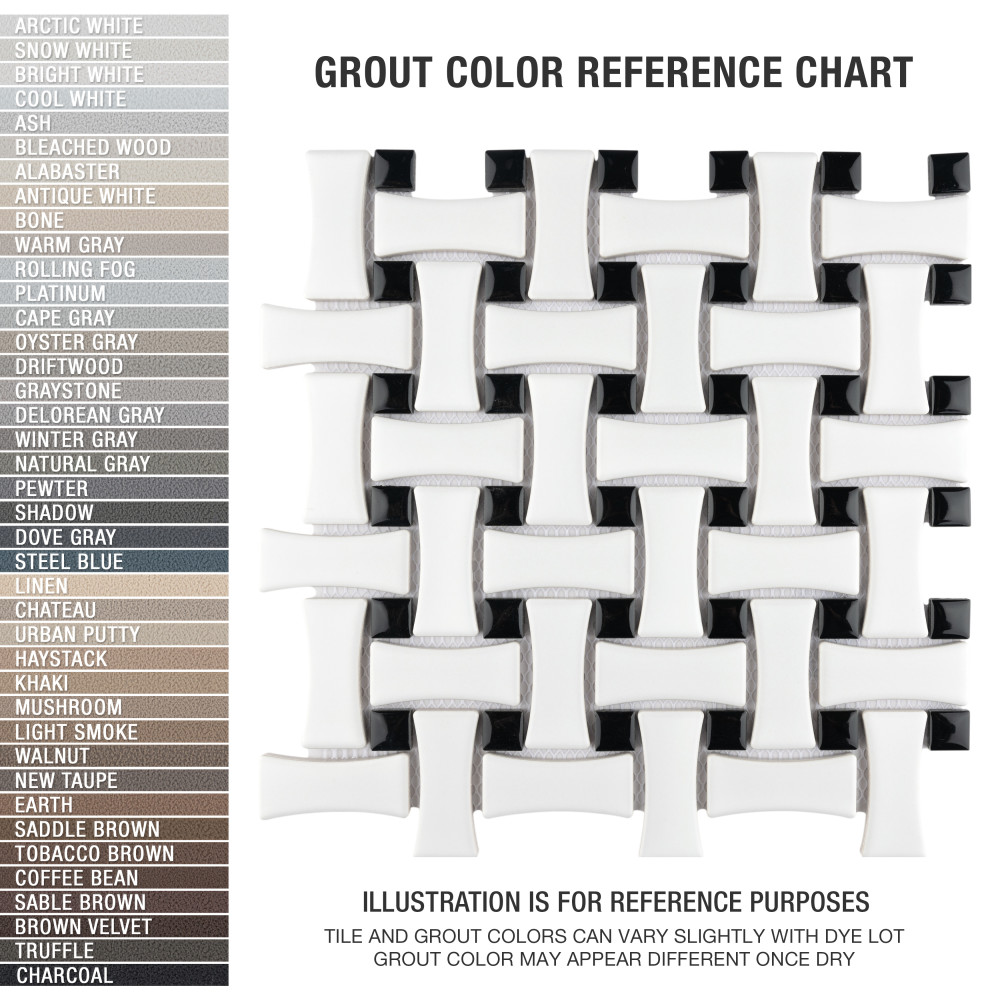 Sample – Metro Dog Bone Basketweave Matte White w/Glossy Black Dot Porcelain Mosaic Tile