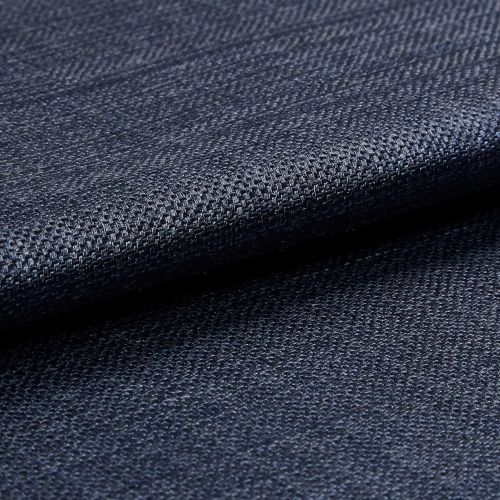 Dark navy woven fabric, tightly woven and folded over itself; its textured basket weave catches a subtle sheen, shown in a close-up macro view with soft, even lighting.
