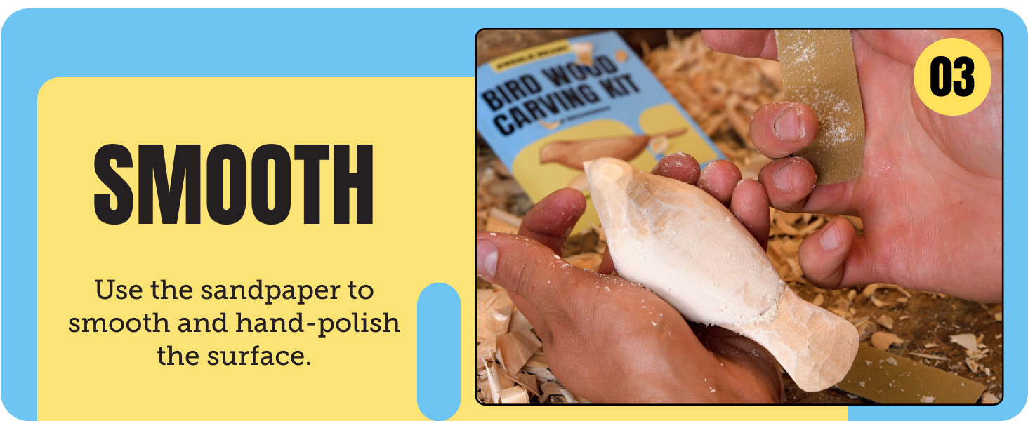 Smoothing the carved bird with sandpaper