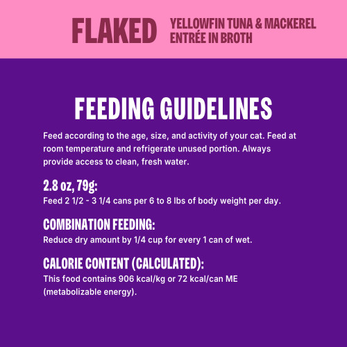 <p>Feed according to the age, size, and activity of your cat. Feed at room temperature and refrigerate unused portion. Always provide access to clean, fresh water. 		</p>
<p>1 Can = 2.8 oz (79 g)</p>
<p>Feed 2 ¼ – 2 ¾ cans per 6 to 8 lbs of body weight per day.</p>
