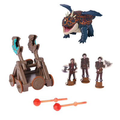 Dreamworks Dragons, Trial of Flame, Blazing Battles Catapult Blast Gronckle Playset, Dragon Figure Playset with 3 Cardboard Viking Figures for Ages 4 and up
