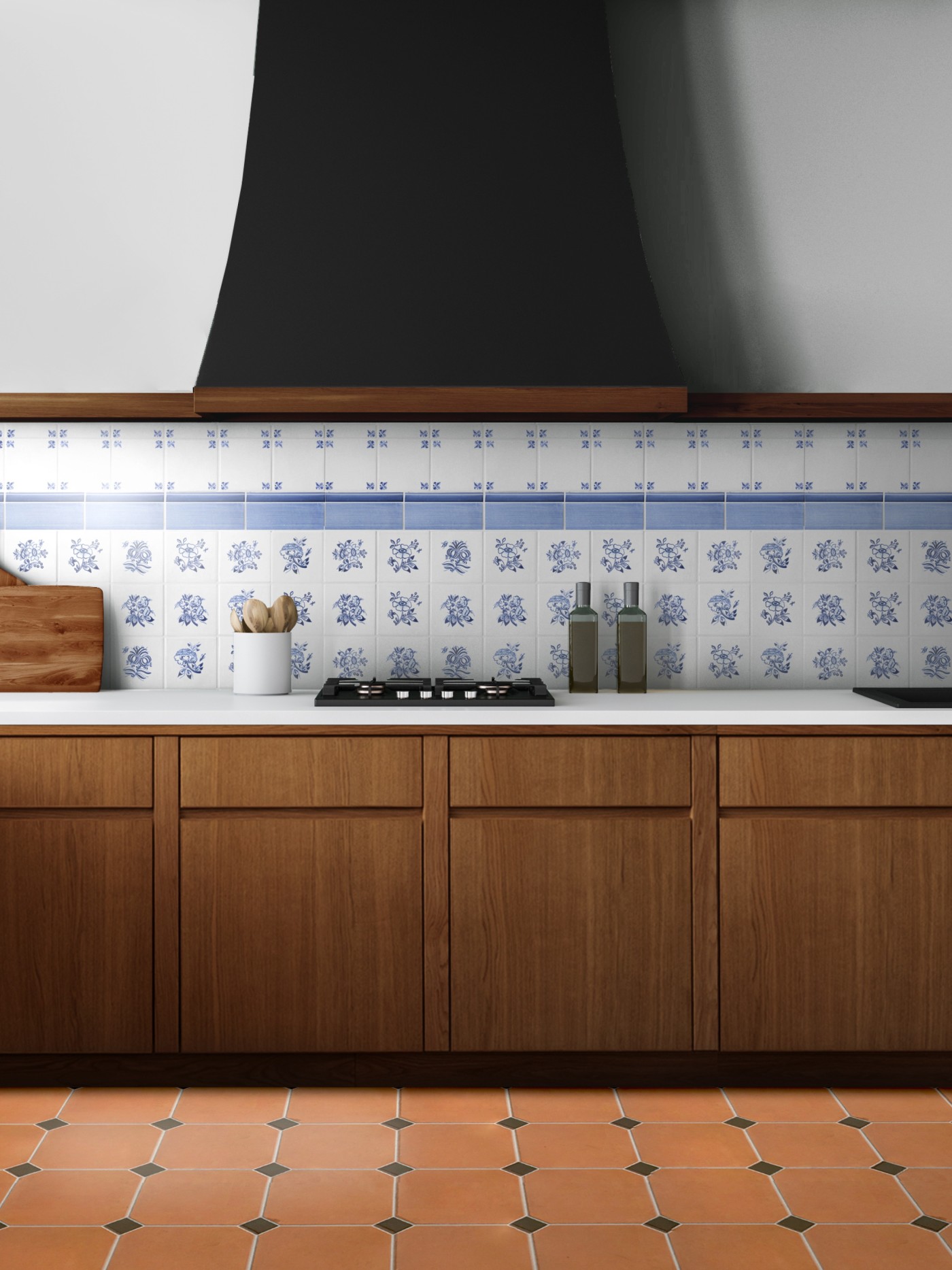 a kitchen with a blue and white tiled backsplash and wooden cabinets.