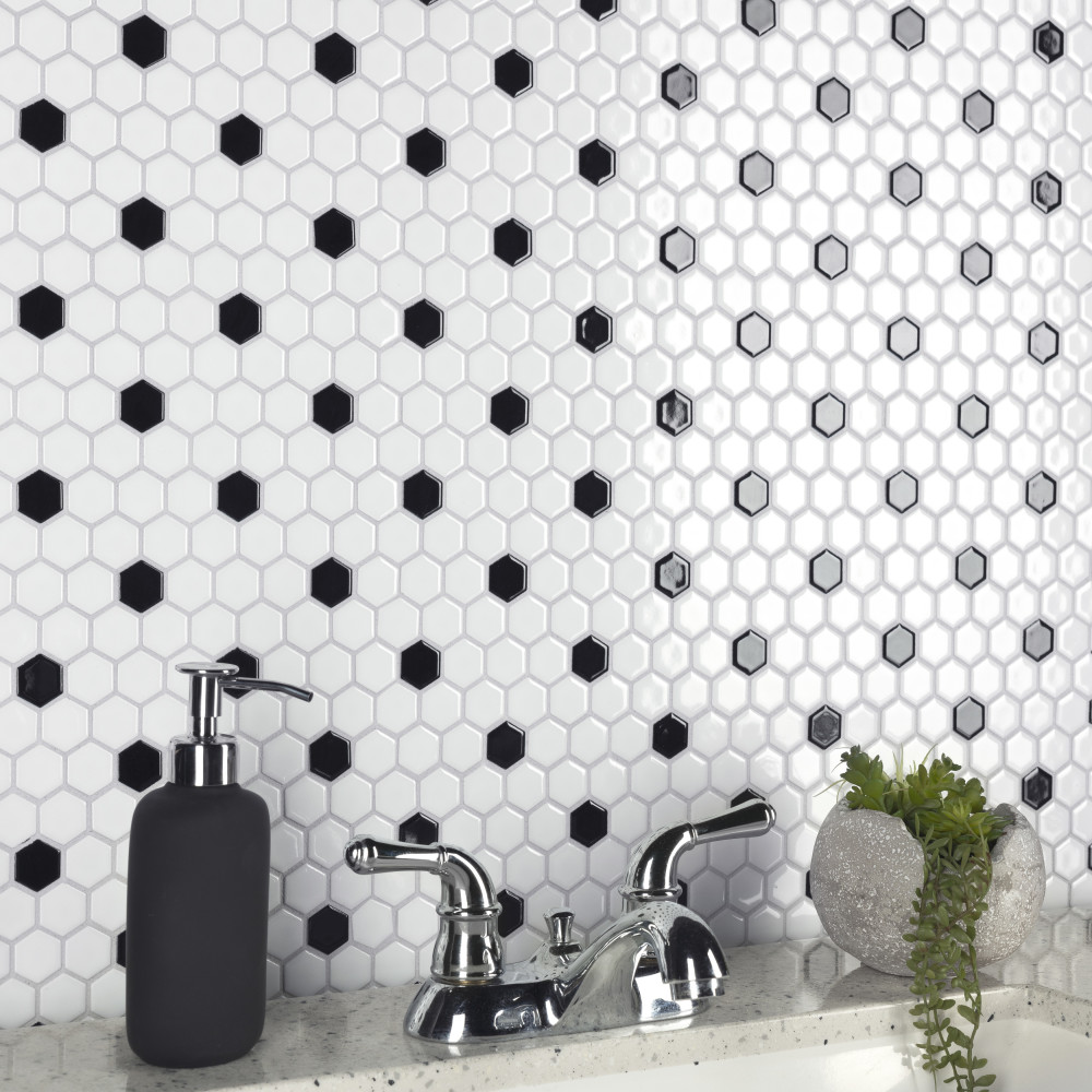 Metro 1″ Hex Glossy White w/Black Dot 10-1/4 in. x 11-7/8 in. Porcelain Mosaic Tile