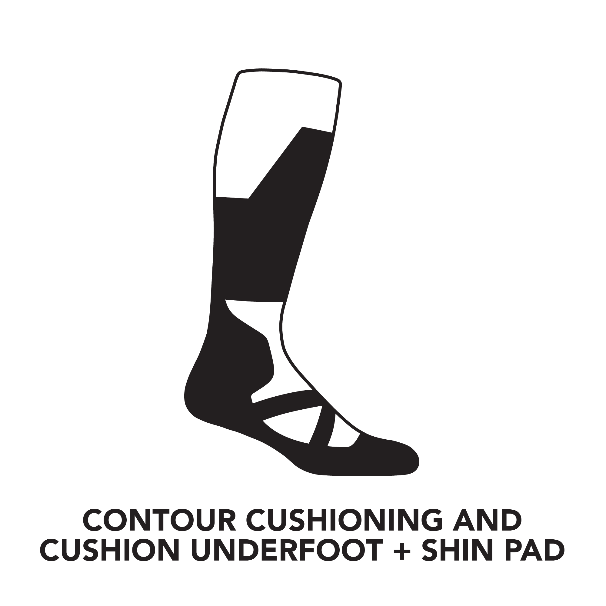 Graphic of our cushion underfoot and shin pad over-the-calf sock.