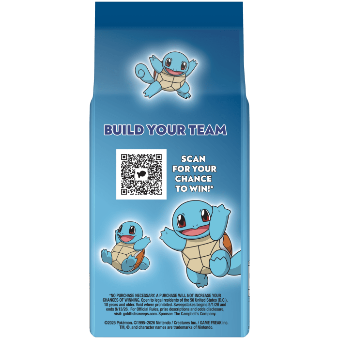 Goldfish® Pokémon Squirtle Cheddar Cheese Baked Snack Crackers, 6.6 oz, bag - Back Image
