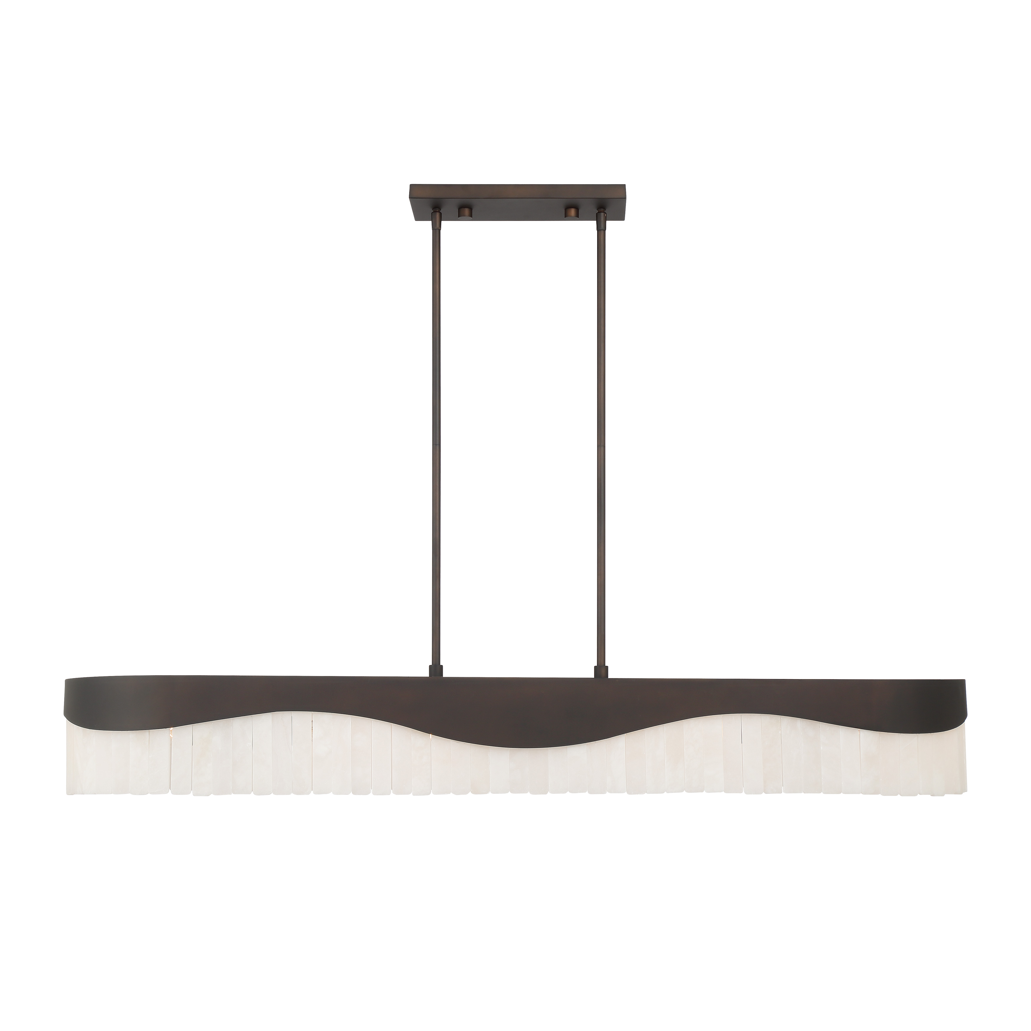 The Sway 48" Island Chandelier combines transitional elegance with practical functionality. Six alabaster stone shades diffuse light beautifully while the dark bronze finish adds sophisticated contrast. Perfect for kitchen islands and dining areas. - alternate view