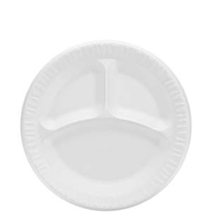 Dart, Quiet Classic® Laminated Foam Dinnerware, 3-Compartment Plate, 9" dia, White