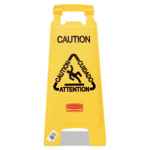 Rubbermaid Commercial, Multilingual "Caution", Wet Floor Sign, Yellow, 25"