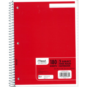 Spiral Notebook, 5 Subject, Wide Ruled Paper, 180 Sheets, 10-1/2" x 8", Assorted Colors, 1 Count