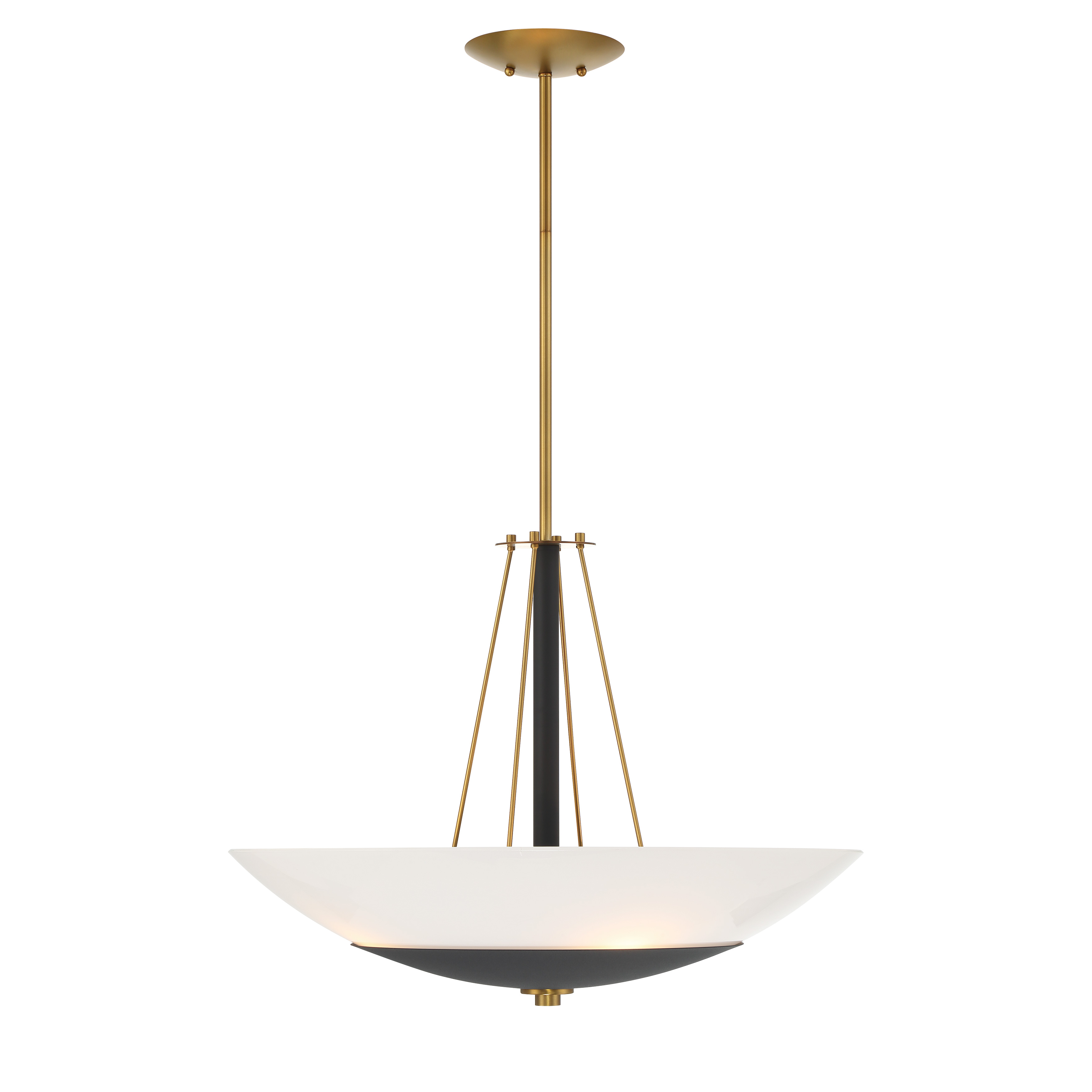 The Bax 4-Light Pendant combines contemporary design with warm mixed metals. Its 24-inch width and frosted glass shades provide excellent illumination for dining and kitchen spaces while the Sand Coal and Soft Brass finish adds refined contrast. - alternate view