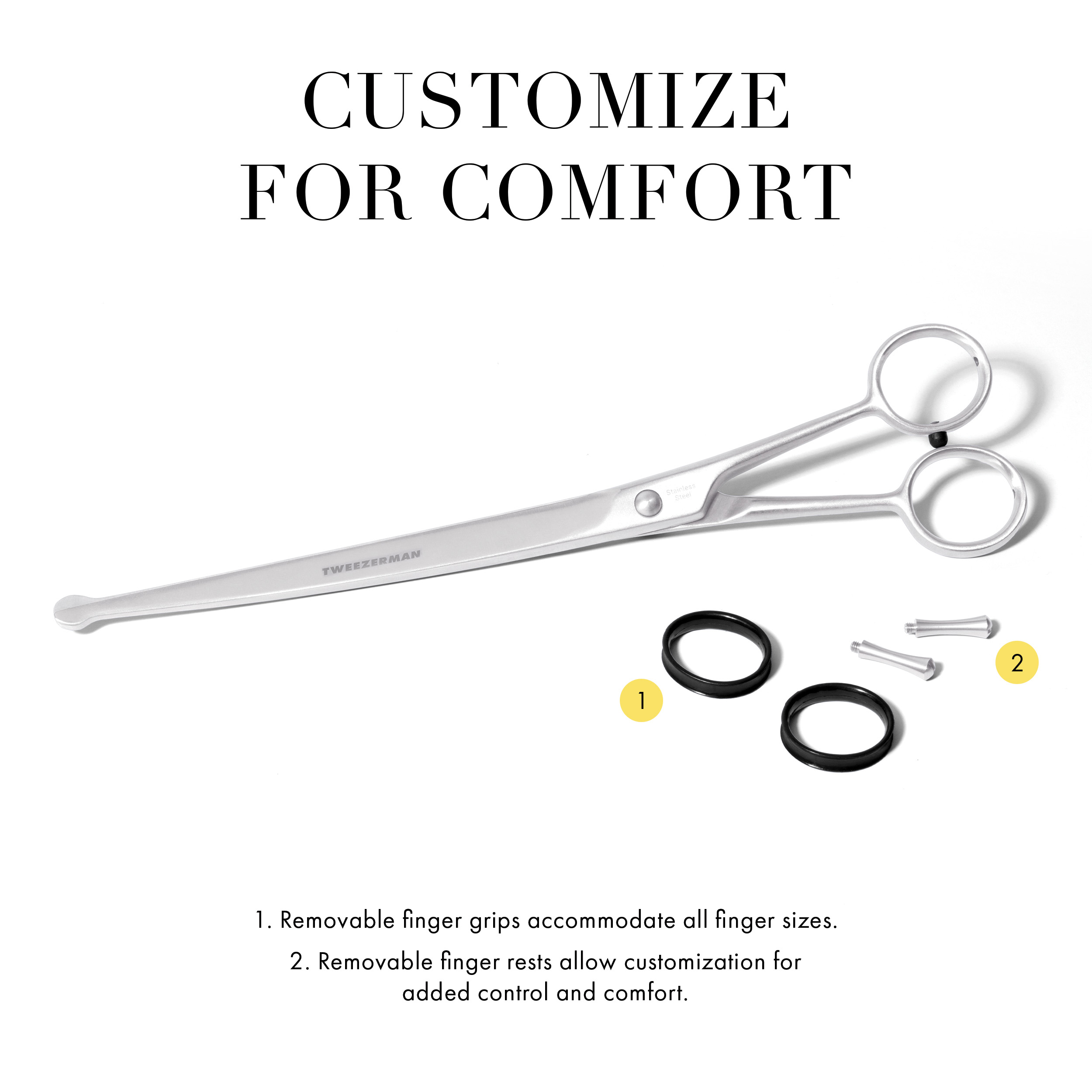 Curved stainless steel blades make it easy to trim around your pets eyes, mouth and face and paws