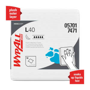 KIM05701, Kimberly Clark, WypAll Power Clean L40 Extra Absorbent, 1/4 Fold, 1 ply, 12.00"x12.25", Double Recreped (DRC), General Purpose Wipers, White