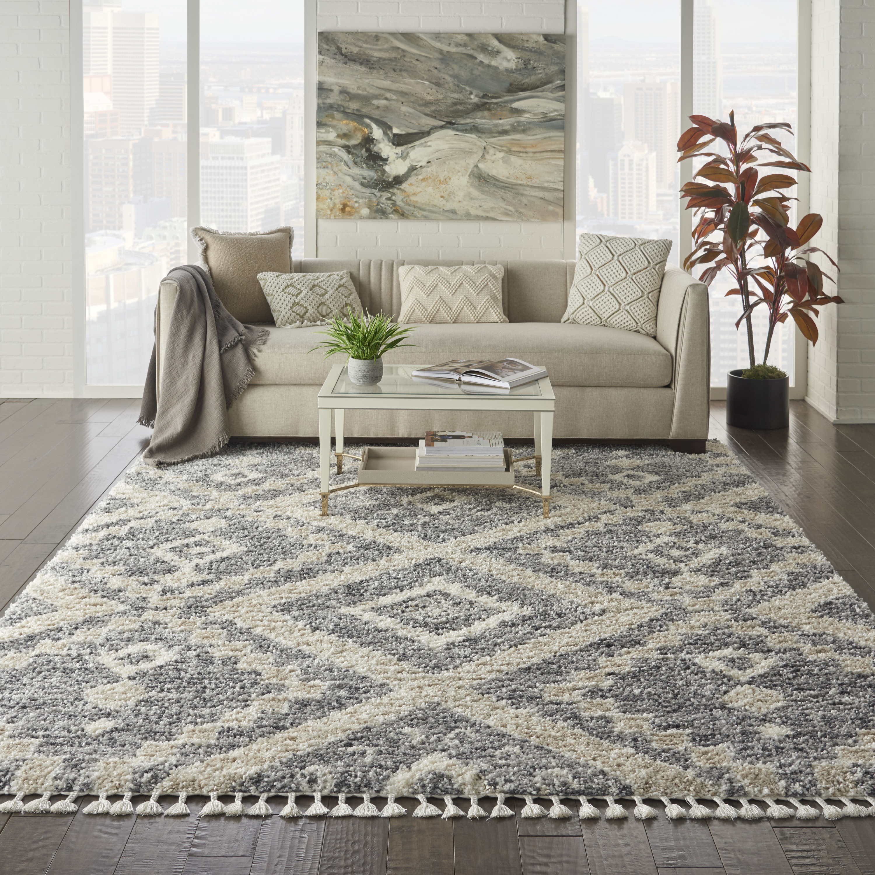 Nourison Oslo Shag 7'10" x 10'6" Grey Ivory Shag Indoor Rug