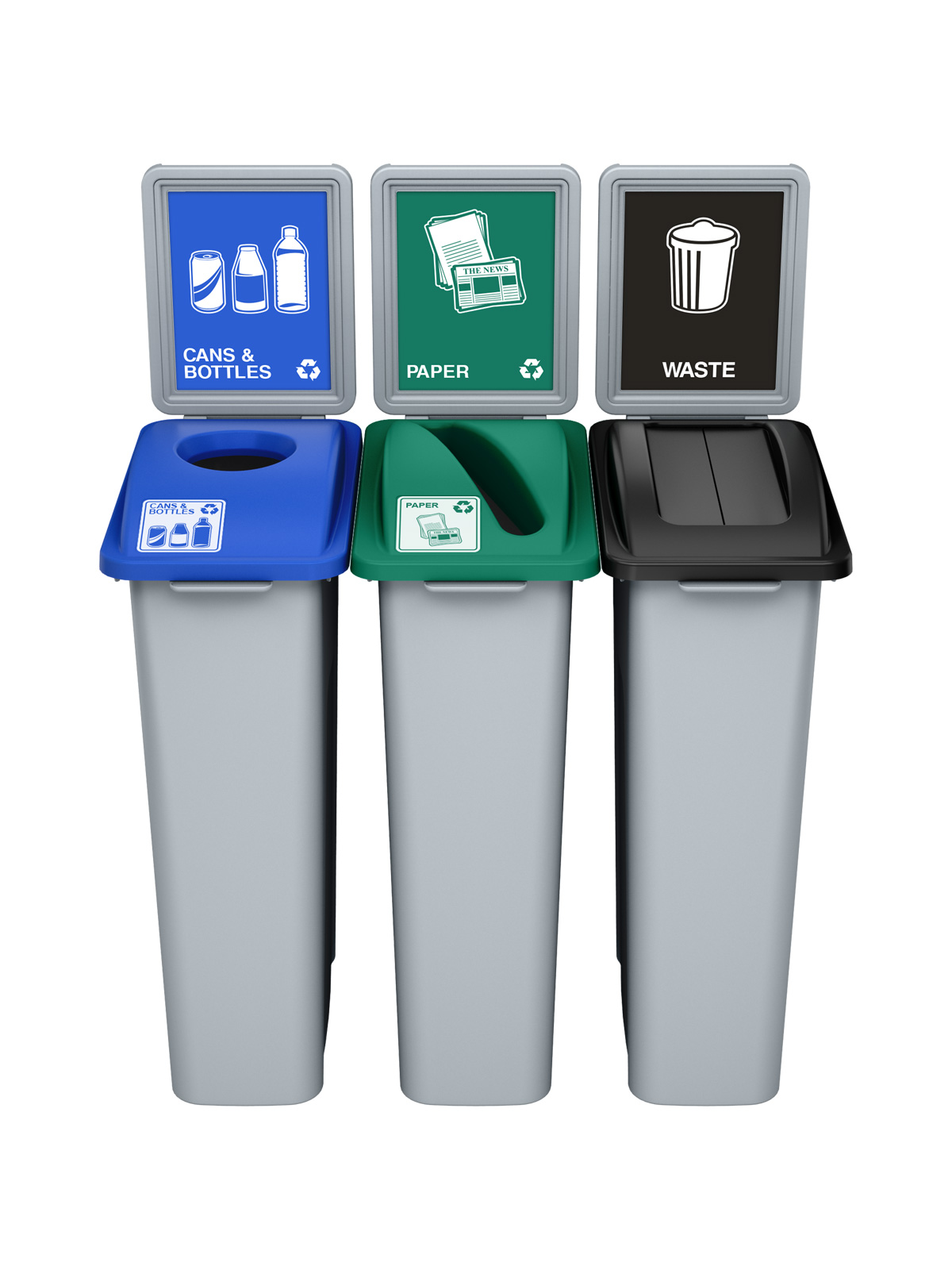 WASTE WATCHER – Triple – Kit – Cans & Bottles-Paper-Waste – Circle-Slot-Swing – Grey-Blue-Green-Black-Grey