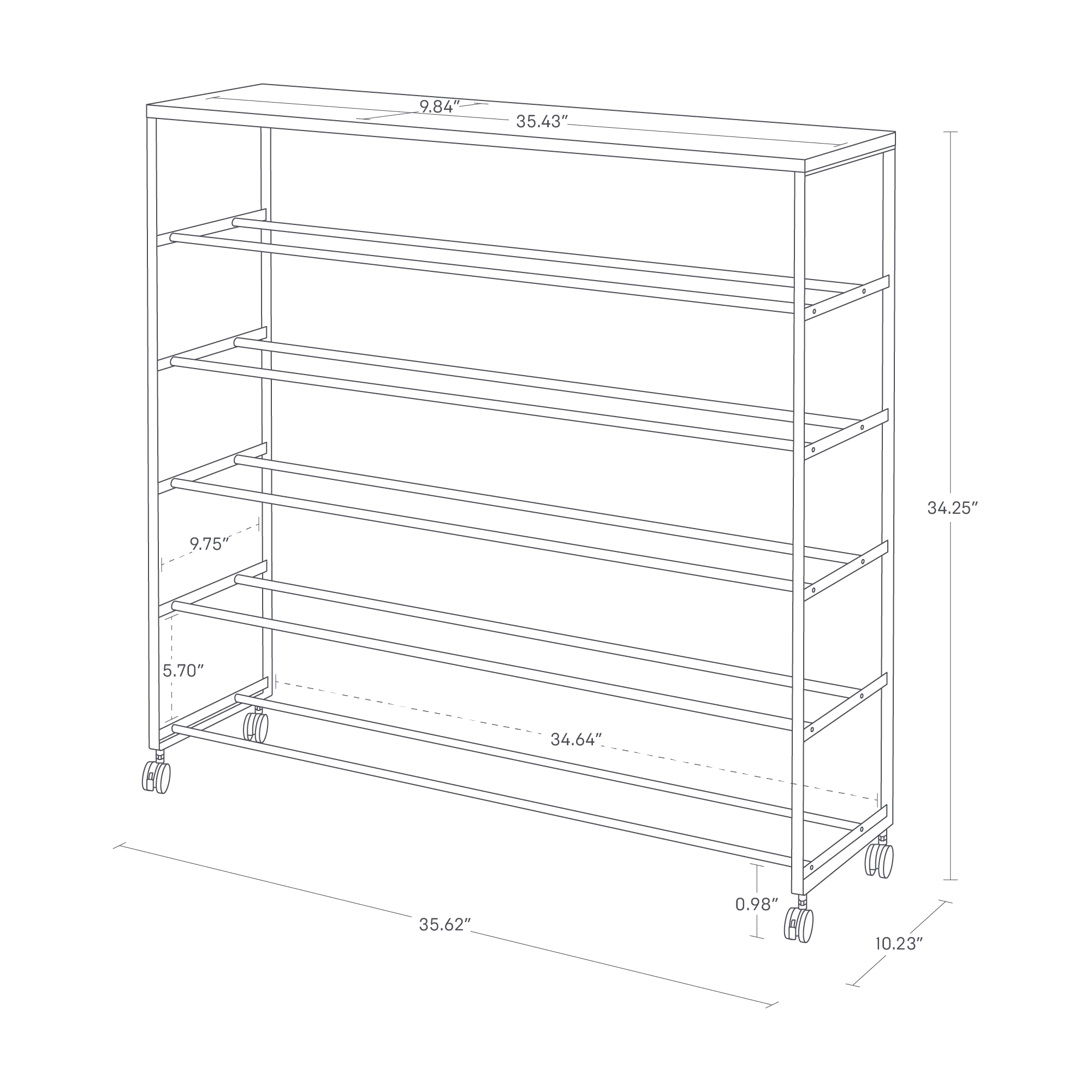 The image shows a rolling five-tier shoe rack with dimensions: height is 34.25", width is 35.62", and depth is 10.23". Each shelf is 35.43" wide and 9.84" deep. The bottom shelf has a 5.70" gap, while others have 9.75". The caster height is 0.98", and the inner width is 34.64".