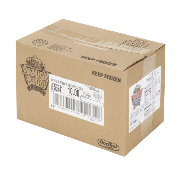 SAUCY BLUES(r) BBQ Premium Pulled Pork, 2/5 lb . C1RA - Front Right Closed Case (Hi Res)