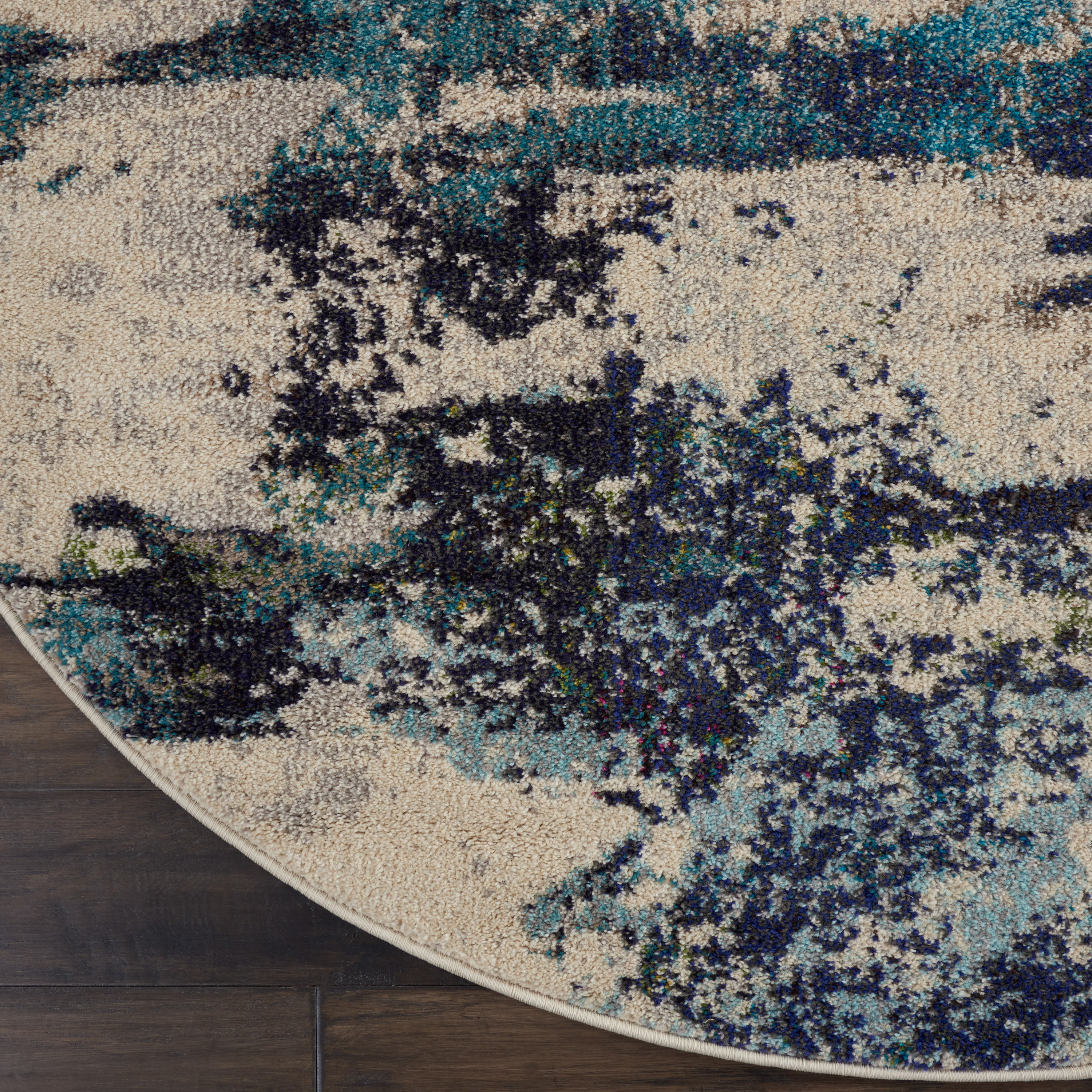 Nourison Celestial 5'3" x Round Ivory Teal Blue Modern Indoor Rug