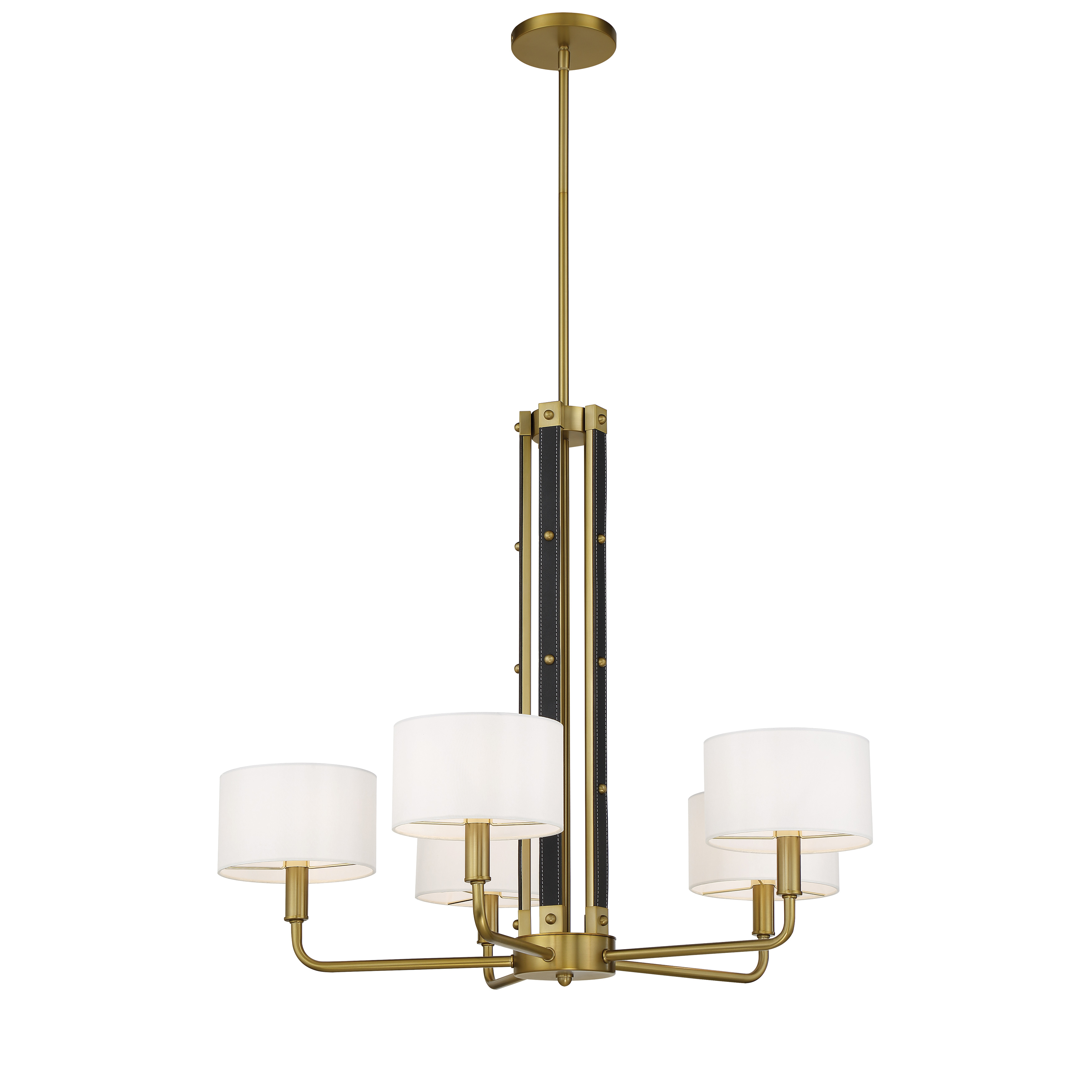 Robin Baron's Chelsea chandelier combines traditional sophistication with modern luxury through soft brass finish, white silk shades, and distinctive leather accents. Perfect for creating refined ambiance in dining rooms and entryways. - alternate view