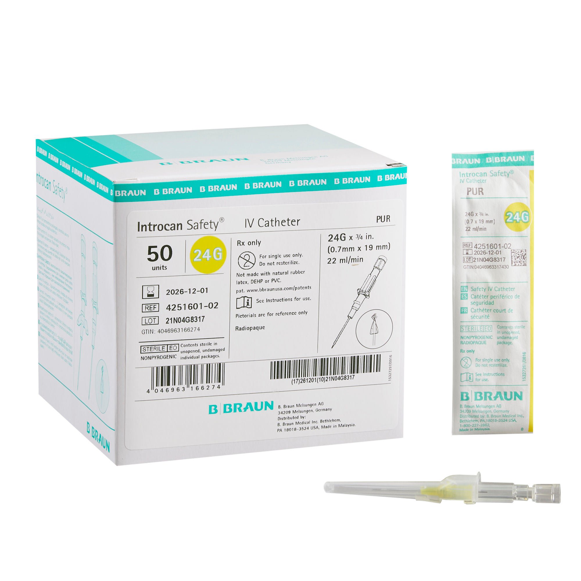 Introcan Safety® Peripheral IV Catheter, 24 Gauge, Straight