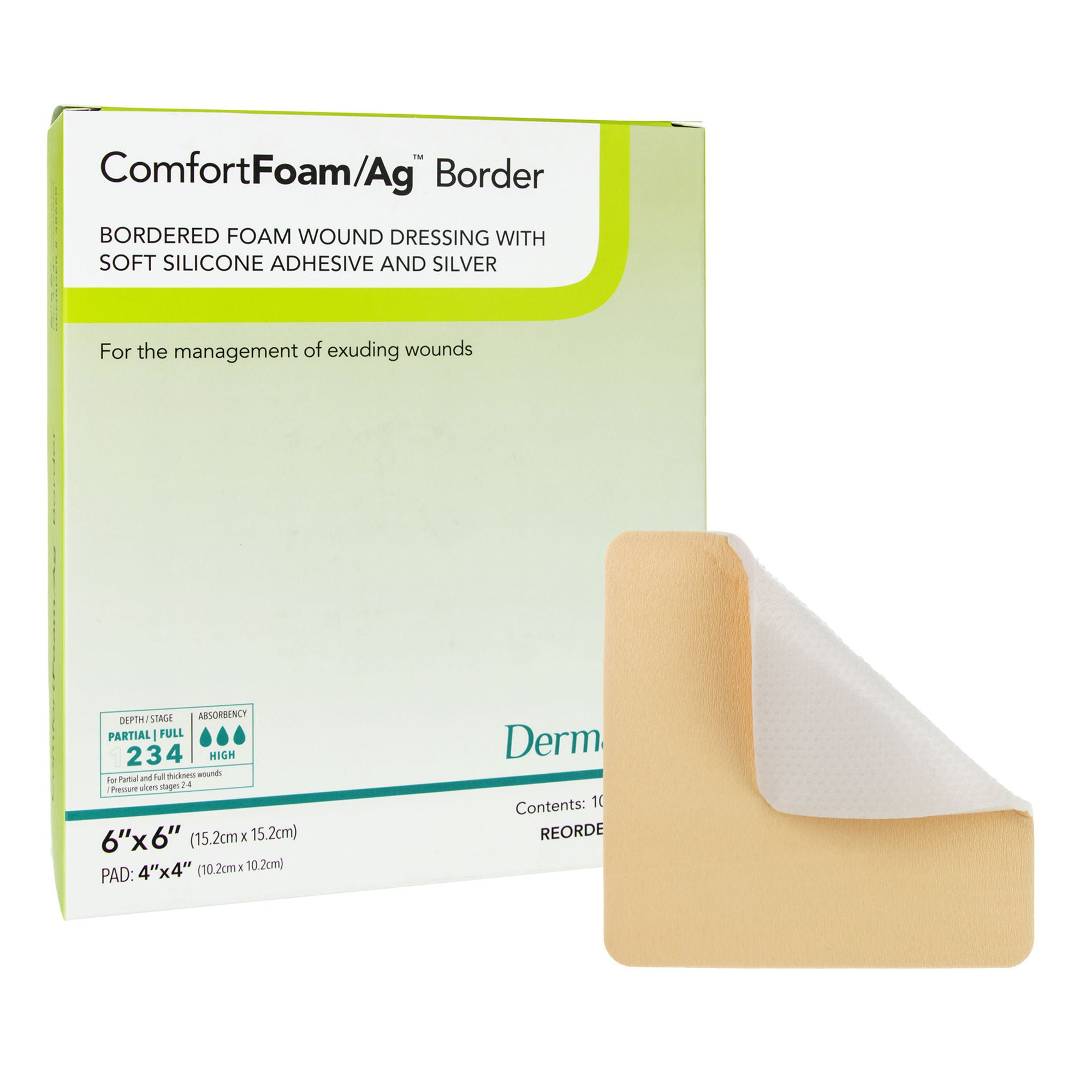 ComfortFoam/Ag™ Border Silver Foam Dressing, 6 x 6 Inch