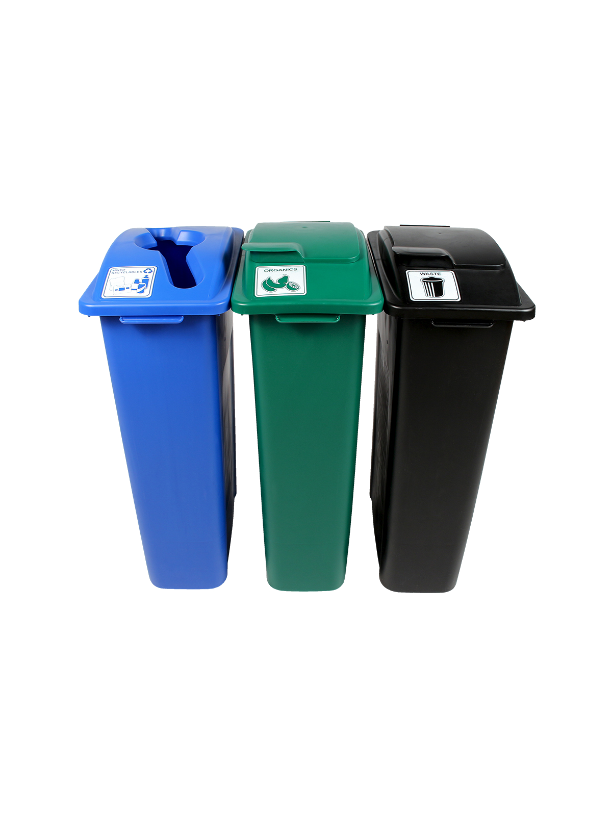 WASTE WATCHER – Triple – Kit – Mixed Recyclables-Organics-Waste – Mixed-Solid Lift-Solid Lift – Blue-Green-Black