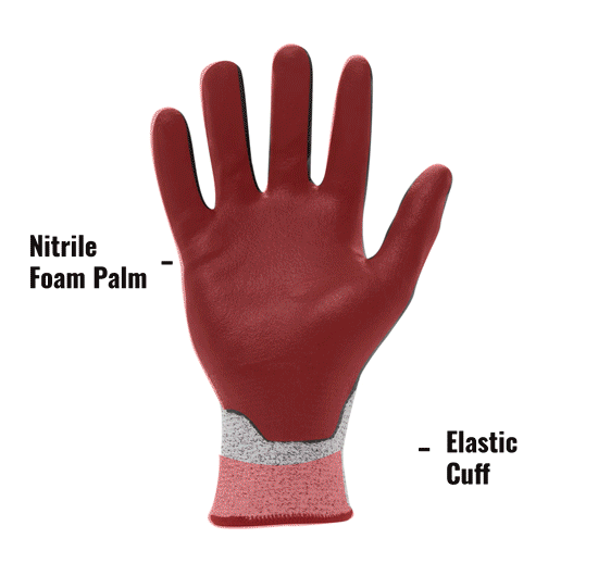 AX360 Foam Nitrile-dipped Cut Resistant Gloves in Black and Gray (EN Level 5, ANSI A3) AXC5-06 showing Nitrile Foam Palm and Elastic Cuff